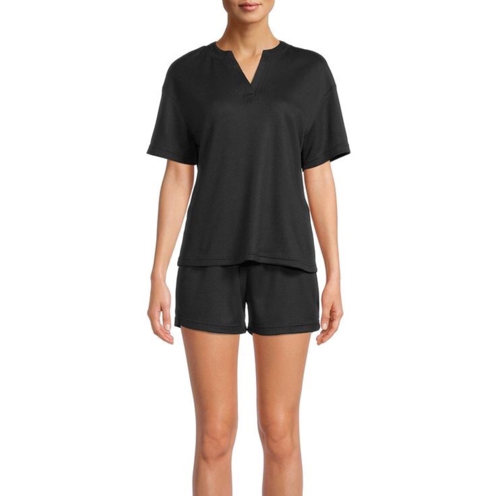 Lissome Waffle 2 Piece Top & Shorts Pajama Lounge Set Black